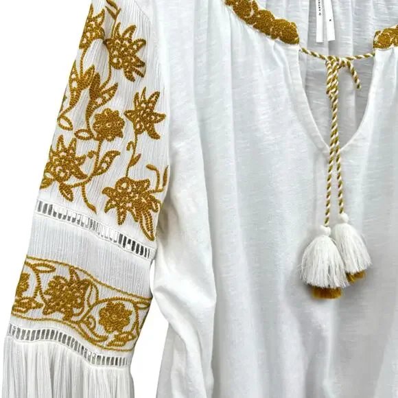 By Anthropologie Aja White Knit Golden Yellow Embroidered Long Sleeve Boho Top - Picture 9 of 15